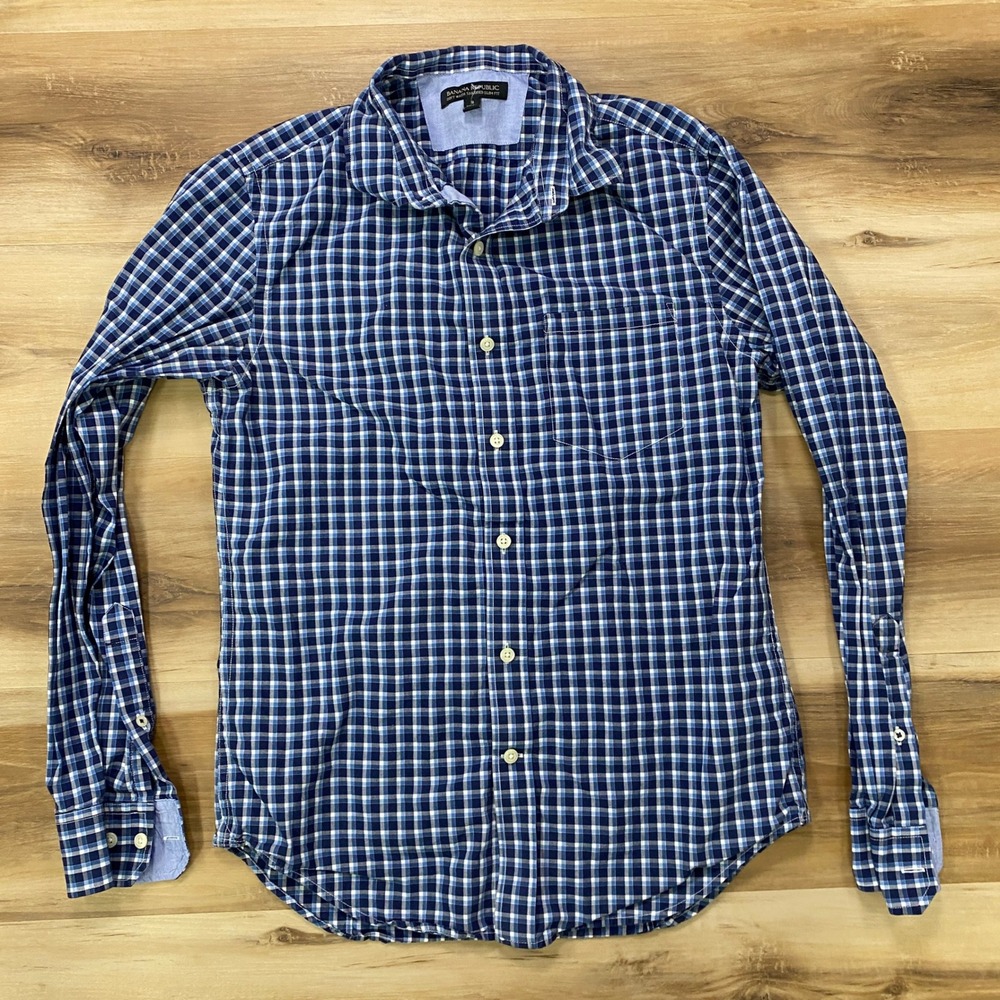Banana Republic Button Down Shirt Small Plaid Cotton Tailored Slim Fit Navy Blue